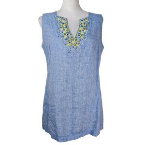 Lafayette 148 New York Beaded Linen Tunic 4 Blue Sleeveless Art to Wear Resort